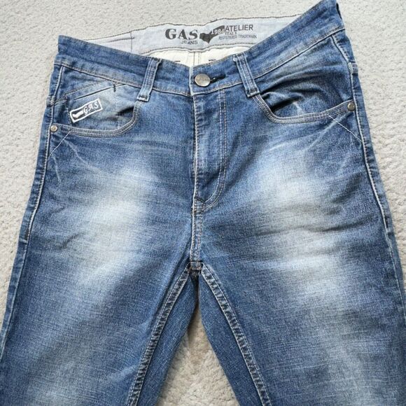 Gas Jeans Men 31x27 Blue Slim Faded Atelier Italian Design 1984 Whiskers Zip Fly - Picture 4 of 16